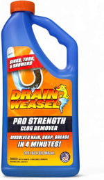 Blue bottle of Drain Weasel Pro Strength drain clog remover with orange label and orange cap