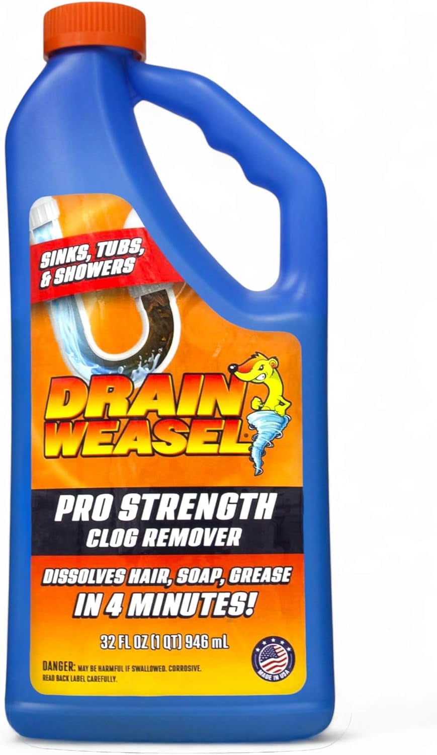 Blue bottle of Drain Weasel Pro Strength drain clog remover with orange label and orange cap