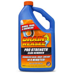 Blue jug of Drain Weasel Pro Strength clog remover gel with orange cap and bold front label for sinks, tubs and showers.