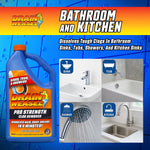 Marketing panel showing Drain Weasel bottle beside four photos and icons for sink, tub, shower and kitchen uses.