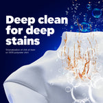 Graphic of a white shirt with dramatized orange stain being cleaned with bubbles and text 'Deep clean for deep stains'