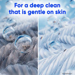 Close-up dramatized fibers with water droplets and headline text about a deep clean gentle on skin