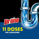 Promotional graphic with a U-bend pipe and Drāno logo plus bold text '11 doses per container' on blue background