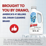 Drano Balance 32 fl. oz. bottle on a tiled background with headline text and a thumbs-up badge