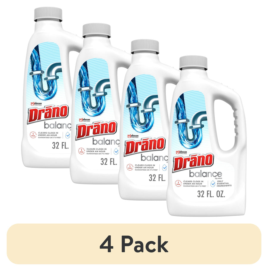 Four white 32 fl. oz. Drano Balance bottles shown as a 4-pack with product label and brand logo visible.