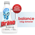 Close-up of a Drano Balance bottle with large Drano logo and ‘balance clog remover’ text on a light background.