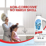 Lifestyle-style image showing a bathroom scene with a mother and child and a Drano Balance bottle plus claim ‘Non-corrosive No harsh smell.’