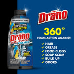 Drāno bottle at left with large '360° Foam Action' headline and product benefits listed on a blue background.