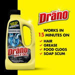 Drano bottle at left with Drano logo and text reading works in 15 minutes on hair, grease, food clogs and soap scum
