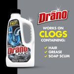 Drano product image at left with brand logo and text listing clogs it works on including hair, grease, and soap scum on a gray background
