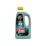 Front view of a green Drano Build-Up Remover bottle with yellow cap, product label and pipe graphic