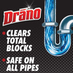 Drāno logo beside an illustrated U-pipe and text stating “Clears total blocks” and “Safe on all pipes”