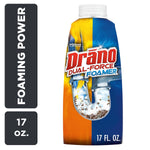 Bottle of Drano Dual-Force Foamer drain cleaner with colorful blue and orange label and U-bend graphic