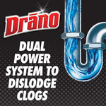 Drāno logo with illustrated U-shaped pipe and bold text reading “Dual power system to dislodge clogs” on a dotted background
