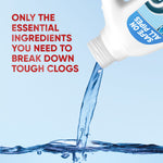 Drano Balance bottle pouring blue liquid into water with copy stating ‘Only the essential ingredients you need to break down tough clogs.’
