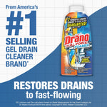 Drano Dual-Force Foamer bottle on tiled background with text claiming #1 selling gel drain cleaner and restores drains