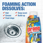 Drano Dual-Force Foamer bottle beside drain illustration with text listing foaming action dissolves hair, grease and soap scum