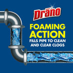 Drāno branded graphic showing a pipe cross-section with foaming action and text 'Foaming Action fills pipe to clean and clear clogs'.