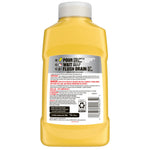 Back of yellow Drano Hair Buster Gel bottle showing usage instructions, warnings, barcode and regulatory icons