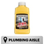 Yellow Drano Hair Buster Gel bottle on white background with a 'plumbing aisle' graphic beneath