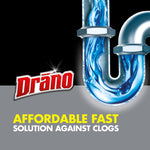 Close-up stylized U-shaped pipe filled with flowing blue liquid and Drano logo above, with slogan about an affordable fast solution