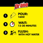 Instructional graphic on yellow background with three steps: pour 16oz, wait 15-30 minutes, flush with hot water and Drano logo