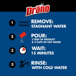 Instructional infographic with Drāno logo and steps: remove stagnant water, pour product and hot water, wait 15 minutes, rinse