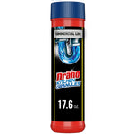 Tall cylindrical Drāno Kitchen Granules bottle with black label showing a blue U-bend graphic and '17.6 oz.'