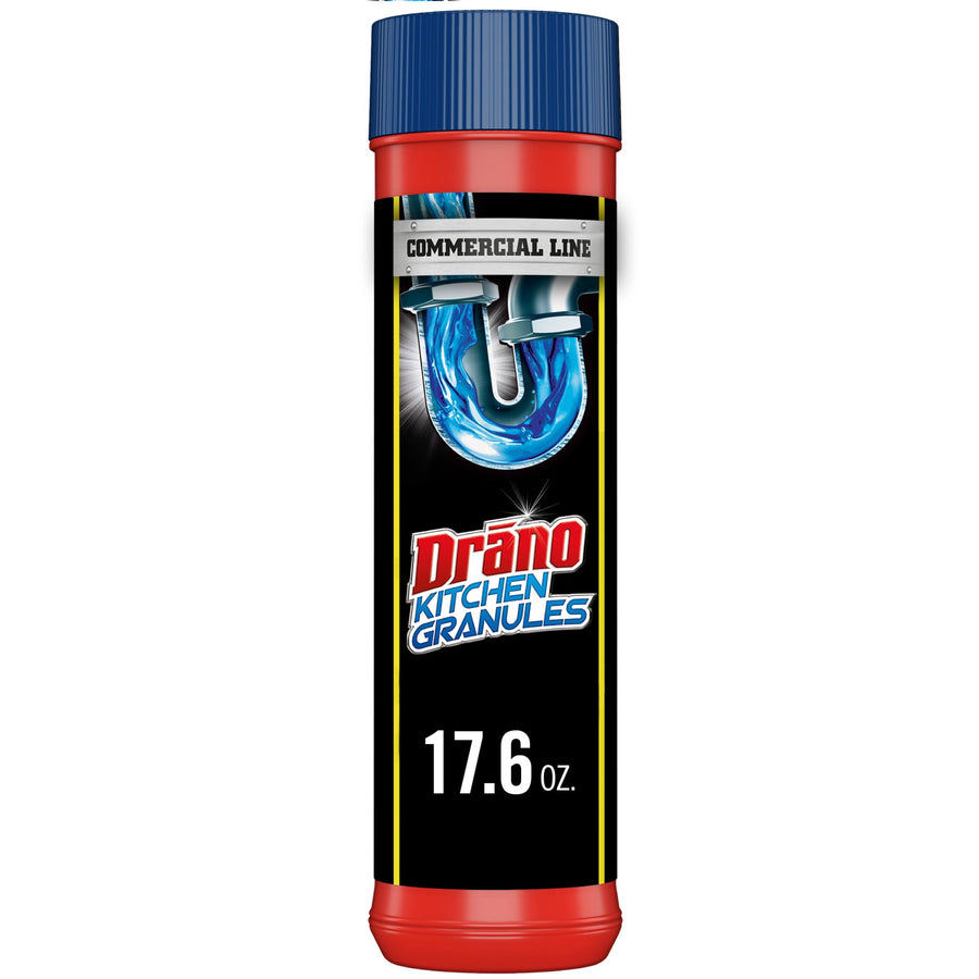 Tall cylindrical Drāno Kitchen Granules bottle with black label showing a blue U-bend graphic and '17.6 oz.'