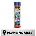 Front view of a Drāno Kitchen Granules container showing product label, blue cap and plumbing aisle location graphic below