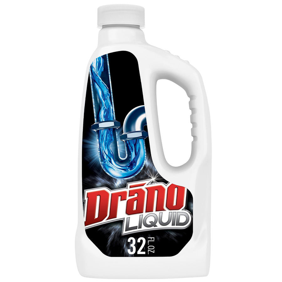 White plastic bottle of Drano Liquid with bold red logo and pipe graphic showing blue liquid, 32 fl oz label visible