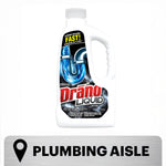 Drano Liquid plastic bottle photographed on white background with plumbing aisle graphic below, bottle label shows pipe artwork