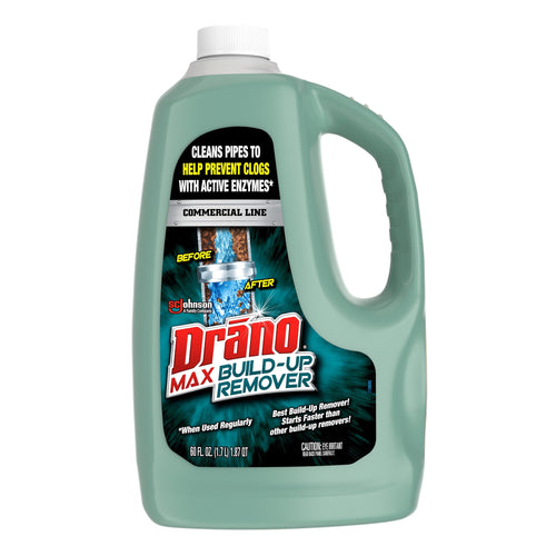 Green Drano Max Build-Up Remover commercial-line jug with handle and label showing before/after pipe graphic and product name.