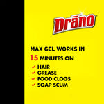 Yellow product panel listing that Max Gel works in 15 minutes on hair, grease, food clogs and soap scum with Drano logo
