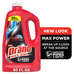 Red bottle of Drano Max Gel 80 fl oz value size with label reading safe for pipes & septic