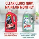Promotional kitchen scene showing Drano Max Gel red 80 oz bottle alongside green Drano Flowguard