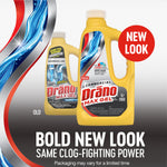 Promotional graphic showing new-look Drano Max Gel bottle with old packaging faded behind and bold text