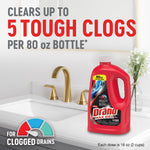 Drano Max Gel 80 oz bottle pictured on a bathroom sink counter with text about clearing up to five tough clogs