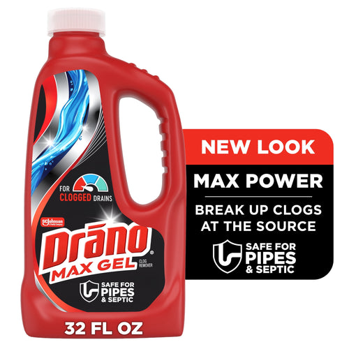 Red Drano Max Gel bottle with handle and label reading Max Gel and 32 fl oz on white background