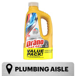 Single yellow Drano Max Gel bottle with a yellow value pack band and plumbing aisle directional label below