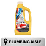Single yellow Drano Max Gel commercial bottle on white background with plumbing aisle locator banner below