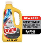 Yellow Drano Max Gel commercial bottle with label and callout reading “new look” and 42 fl oz text