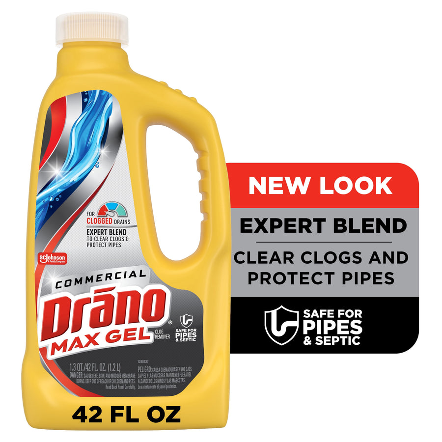 Yellow Drano Max Gel commercial bottle with label and callout reading “new look” and 42 fl oz text