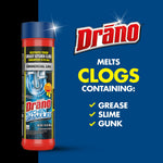 Drāno Kitchen Granules product image at left with blue panel reading 'Melts Clogs' and bullet points for grease, slime, gunk