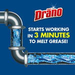 Graphic of a cutaway metal pipe with flowing blue liquid and text 'Starts working in 3 minutes to melt grease' with Drāno logo