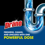 Close-up stylized U-shaped pipe filled with blue foaming liquid and the Drāno logo with promotional text.