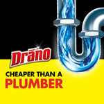 Half-view graphic of a U-shaped pipe with blue flowing liquid and Drano logo with headline 'Cheaper than a plumber'