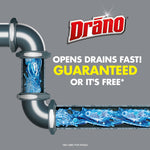 Promotional graphic with Drano logo and cross-section of a metal pipe showing flowing blue liquid and text 'Opens drains fast! Guaranteed'