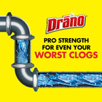 Graphic of a cross-section pipe with swirling blue gel and Drano logo on bright yellow background saying pro strength