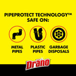 Yellow safety panel showing PipeProtect technology icons for metal pipes, plastic pipes, and garbage disposals with Drano logo